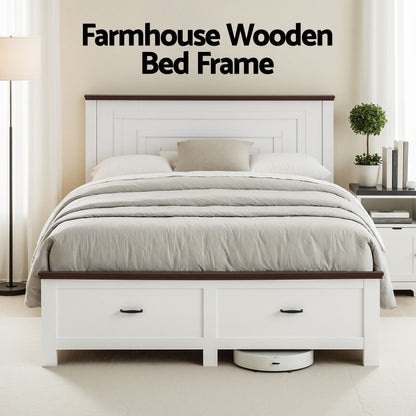 Artiss Double Wooden Bed Frame with 2 Drawer Platform Bed with 108cm Solid High Headboard White Bed Base for WBED-F-RAWDO-D-WH-ABC