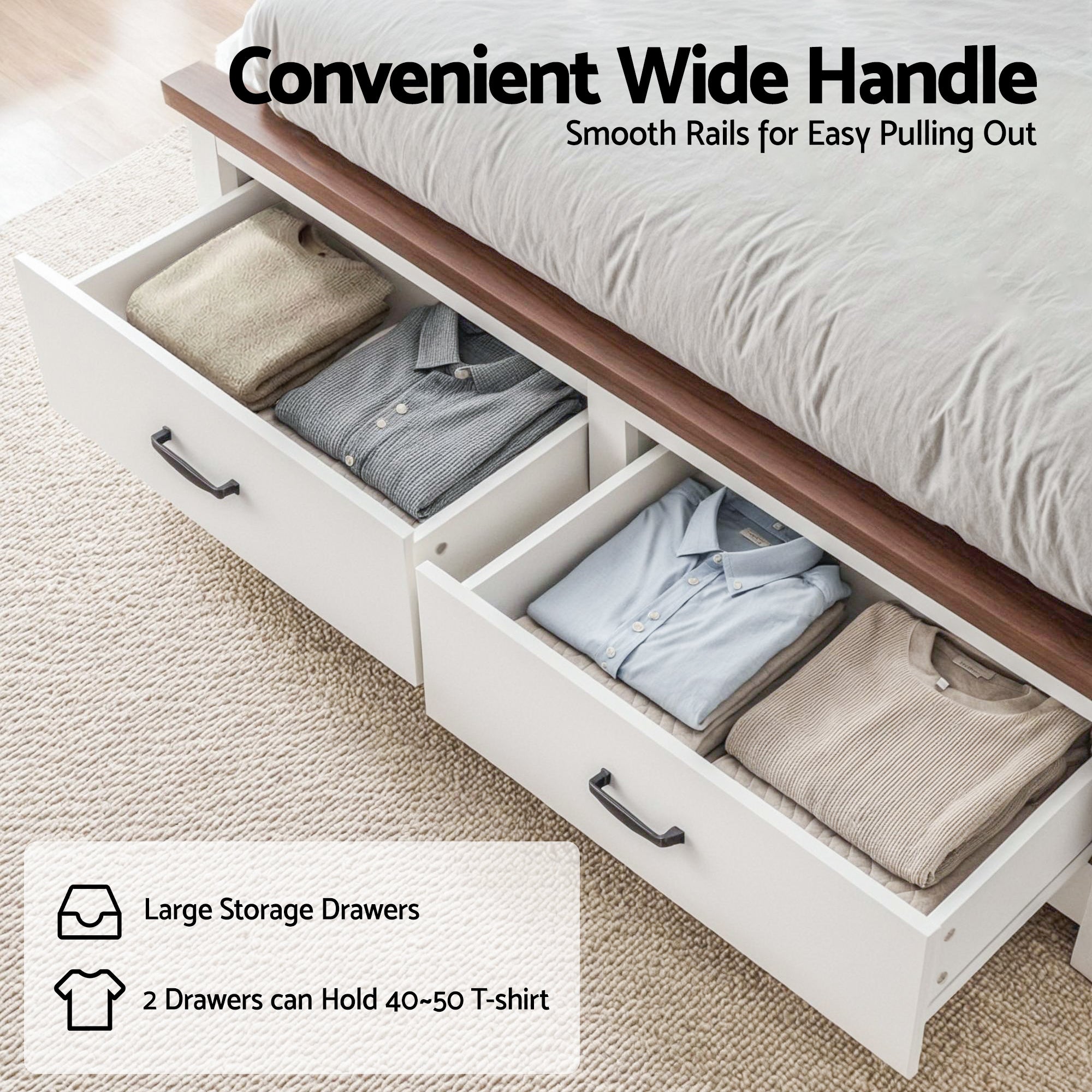 Artiss Double Wooden Bed Frame with 2 Drawer Platform Bed with 108cm Solid High Headboard White Bed Base for WBED-F-RAWDO-D-WH-ABC