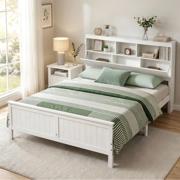 Artiss Queen Wooden Bed Frame with Storage Headboard – White