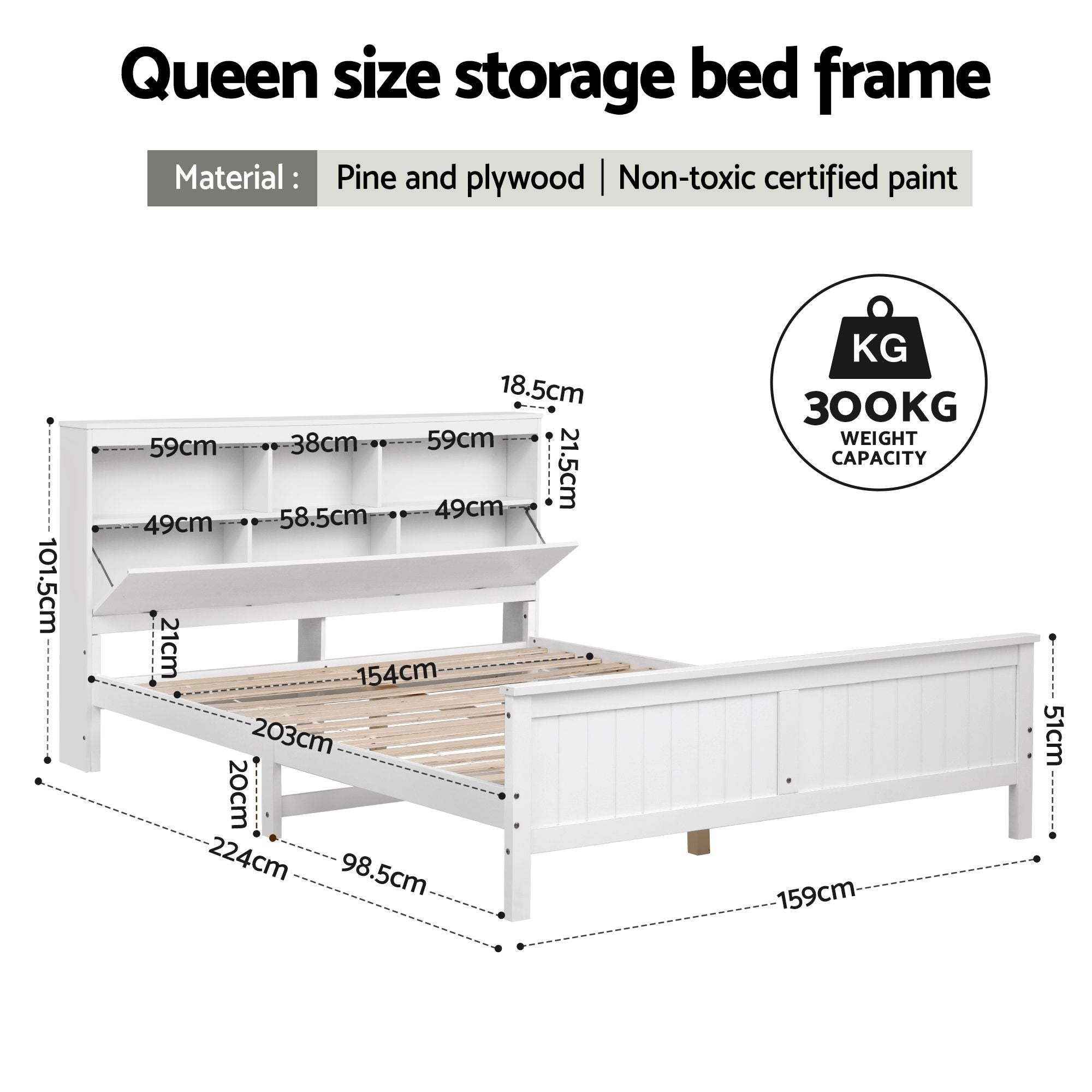 Artiss Queen Storage Headboard Bed Frame White WBED-F-S1-Q-107-AB