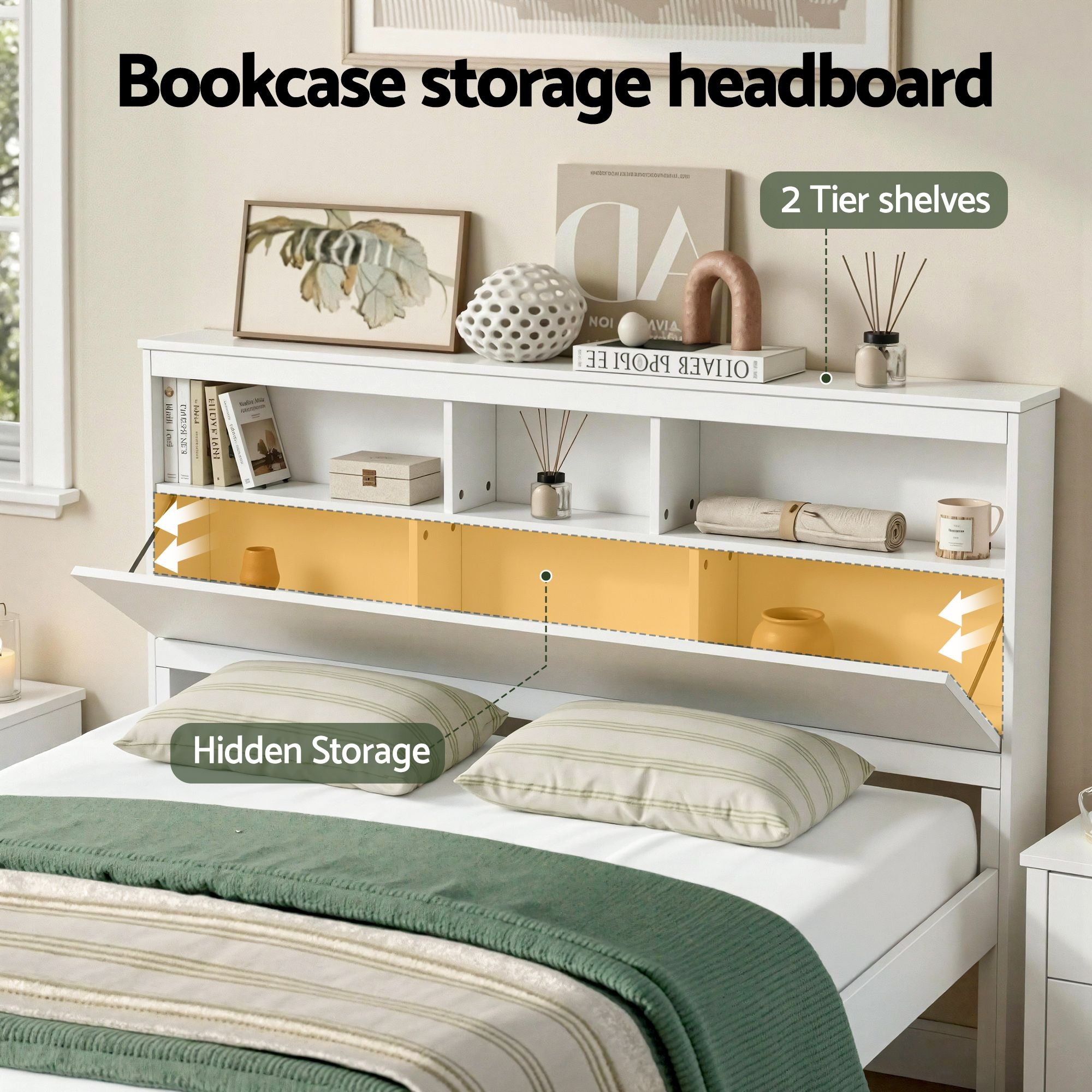Artiss Queen Storage Headboard Bed Frame White WBED-F-S1-Q-107-AB