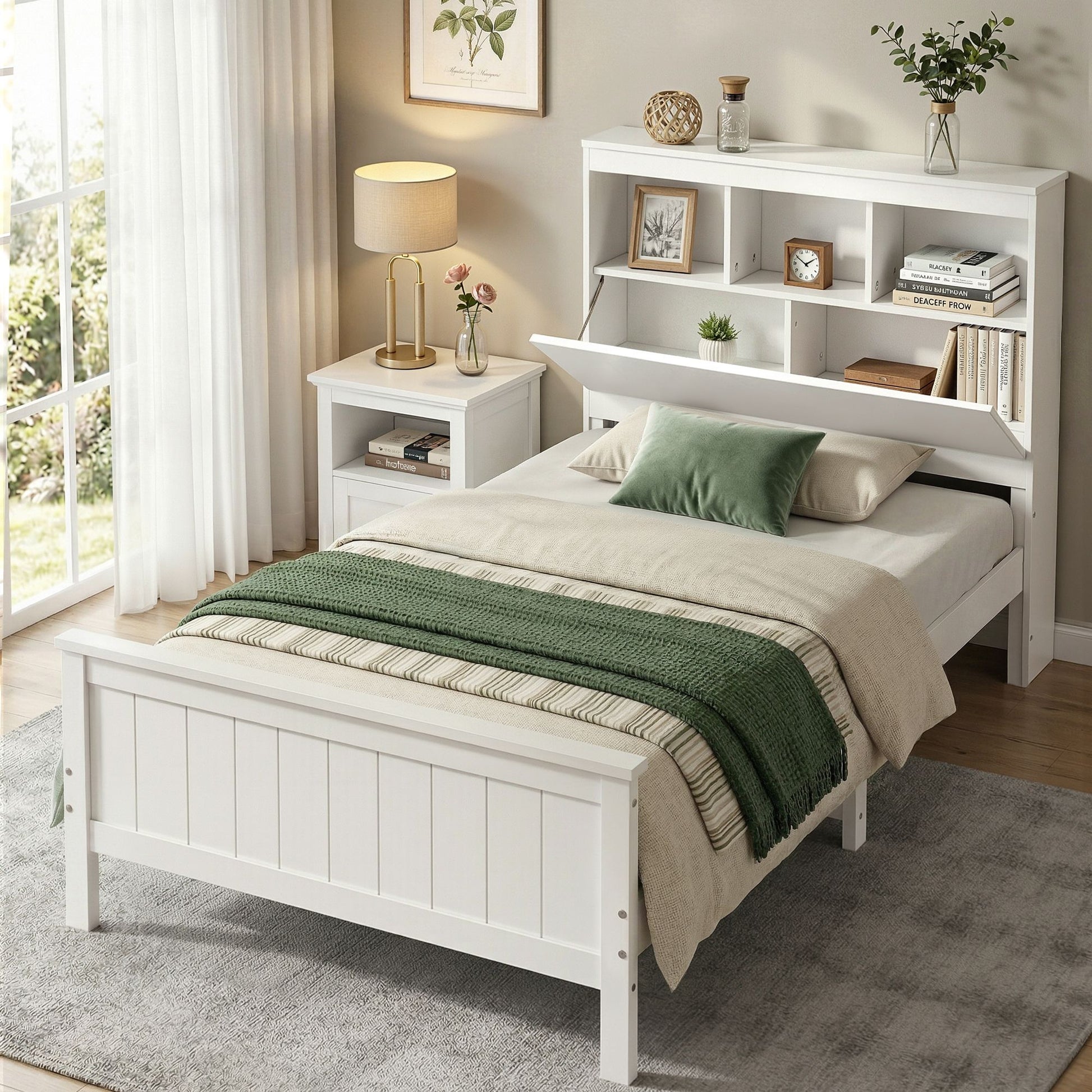 Artiss Single Bed Frame with Storage Headboard and Footboard Wooden Bed Base White WBED-F-S1-S-107-AB