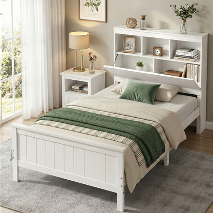 Artiss Single Bed Frame with Storage Headboard and Footboard Wooden Bed Base White WBED-F-S1-S-107-AB