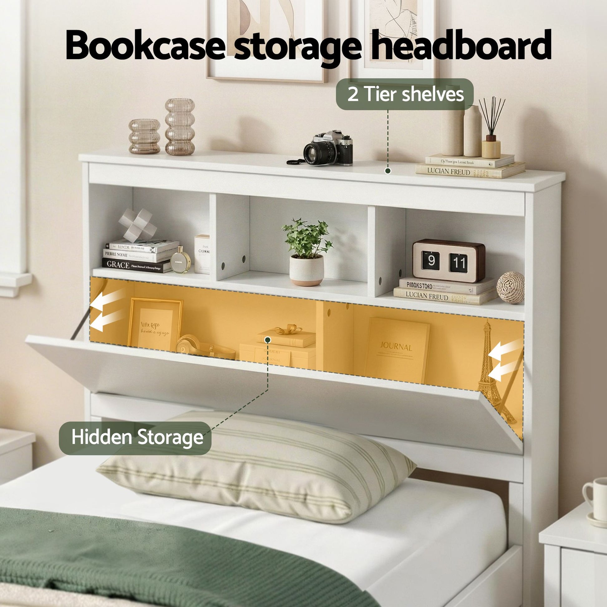 Artiss Single Bed Frame with Storage Headboard and Footboard Wooden Bed Base White WBED-F-S1-S-107-AB
