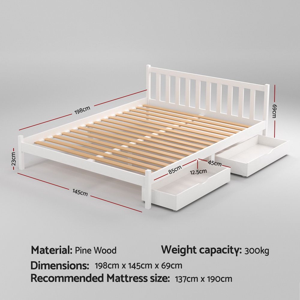 Artiss SOFIE White Double Wooden Bed Frame with Drawers WBED-G-001D-WH-DRAW