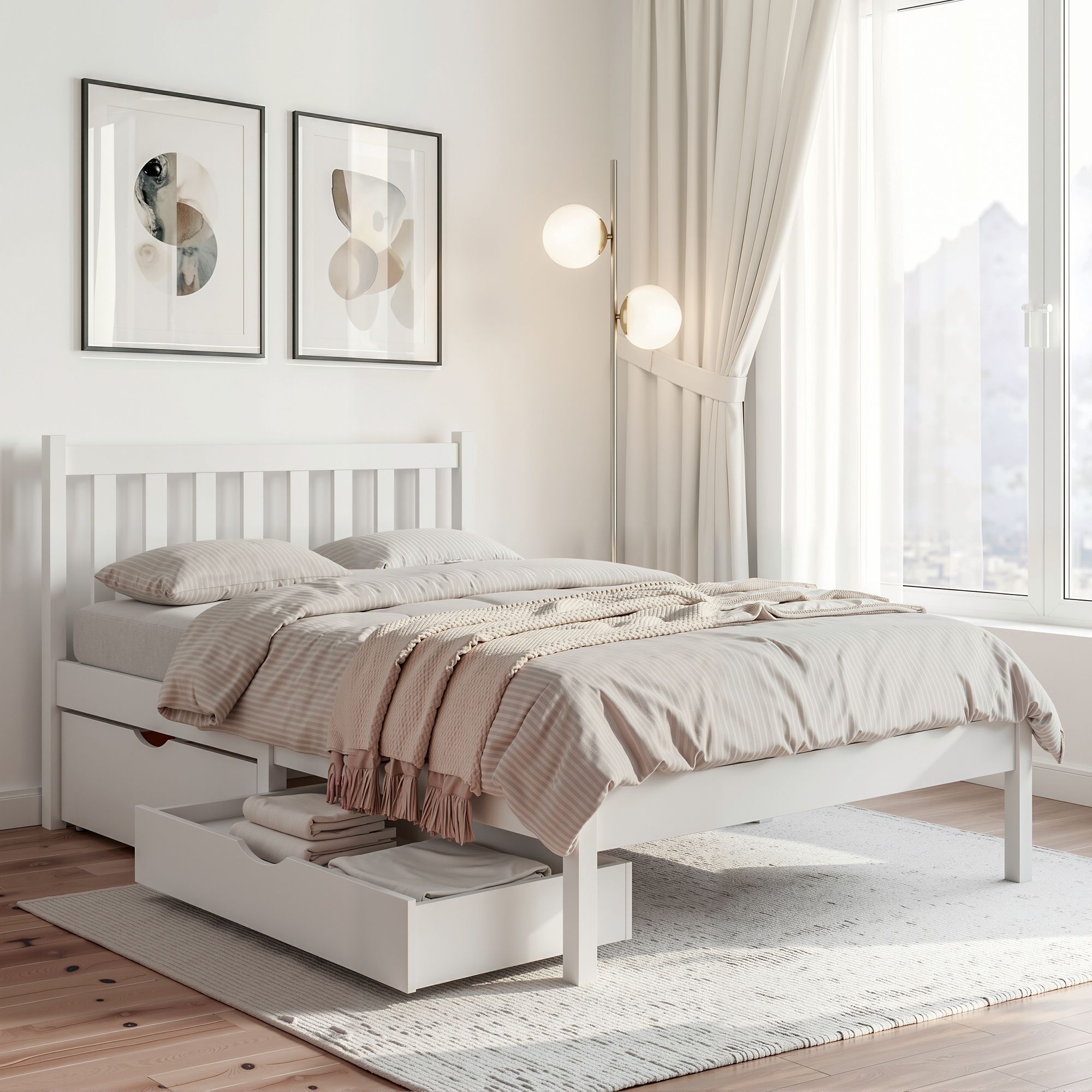 Artiss Bed Frame King Single Size Wooden Platform with 2 Storage Drawers White WBED-G-001KS-WH-DRAW
