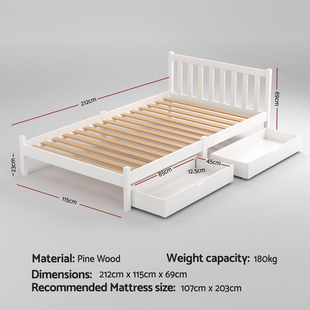 Artiss Bed Frame King Single Size Wooden Platform with 2 Storage Drawers White WBED-G-001KS-WH-DRAW