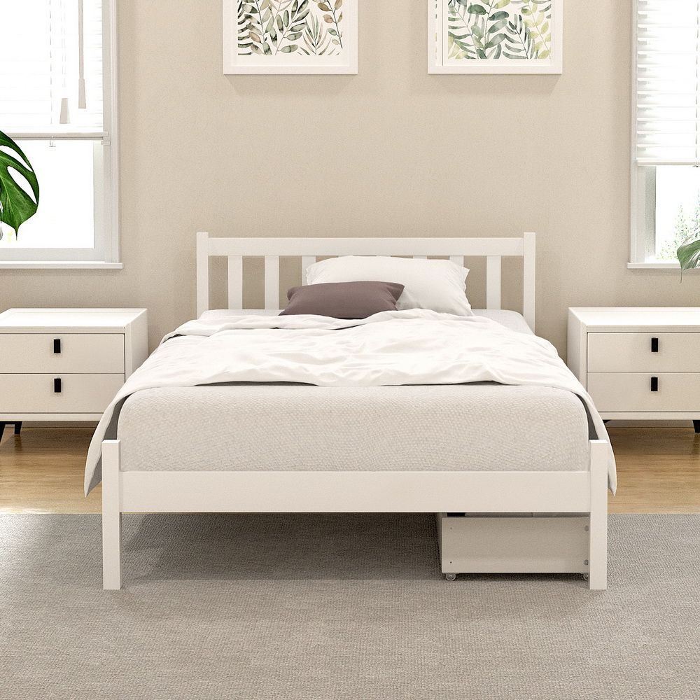 Artiss Bed Frame King Single Size Wooden Platform with 2 Storage Drawers White WBED-G-001KS-WH-DRAW