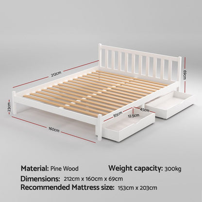 Artiss Bed Frame Queen Size Wooden Platform with 2 Storage Drawers White WBED-G-001Q-WH-DRAW