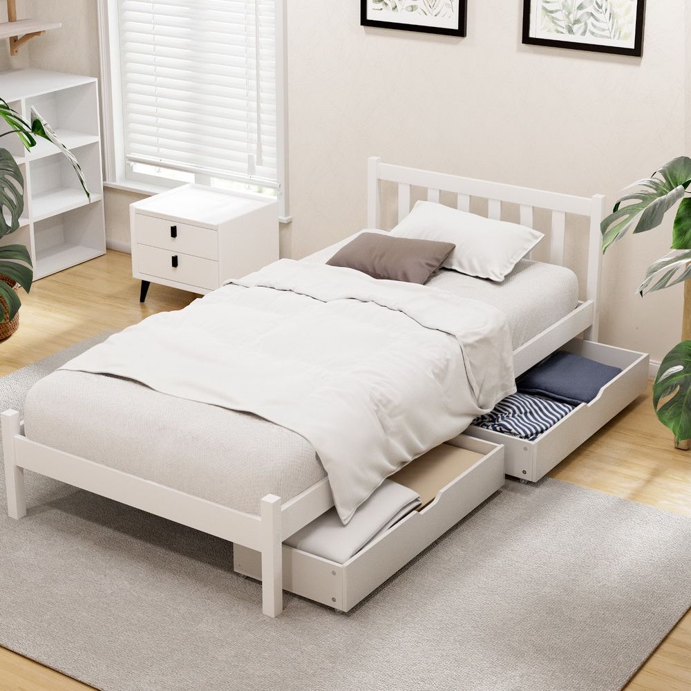 Artiss Bed Frame Single Size Wooden Platform with 2 Storage Drawers White SOFIE WBED-G-001S-WH-DRAW