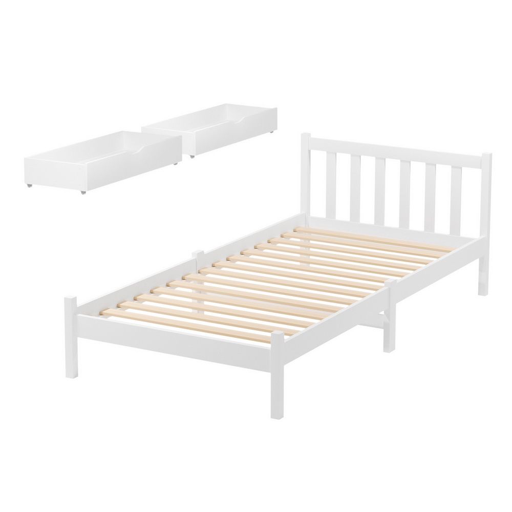 Artiss Bed Frame Single Size Wooden Platform with 2 Storage Drawers White SOFIE WBED-G-001S-WH-DRAW