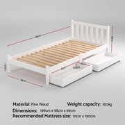 Artiss Bed Frame Single Size Wooden Platform with 2 Storage Drawers White SOFIE WBED-G-001S-WH-DRAW