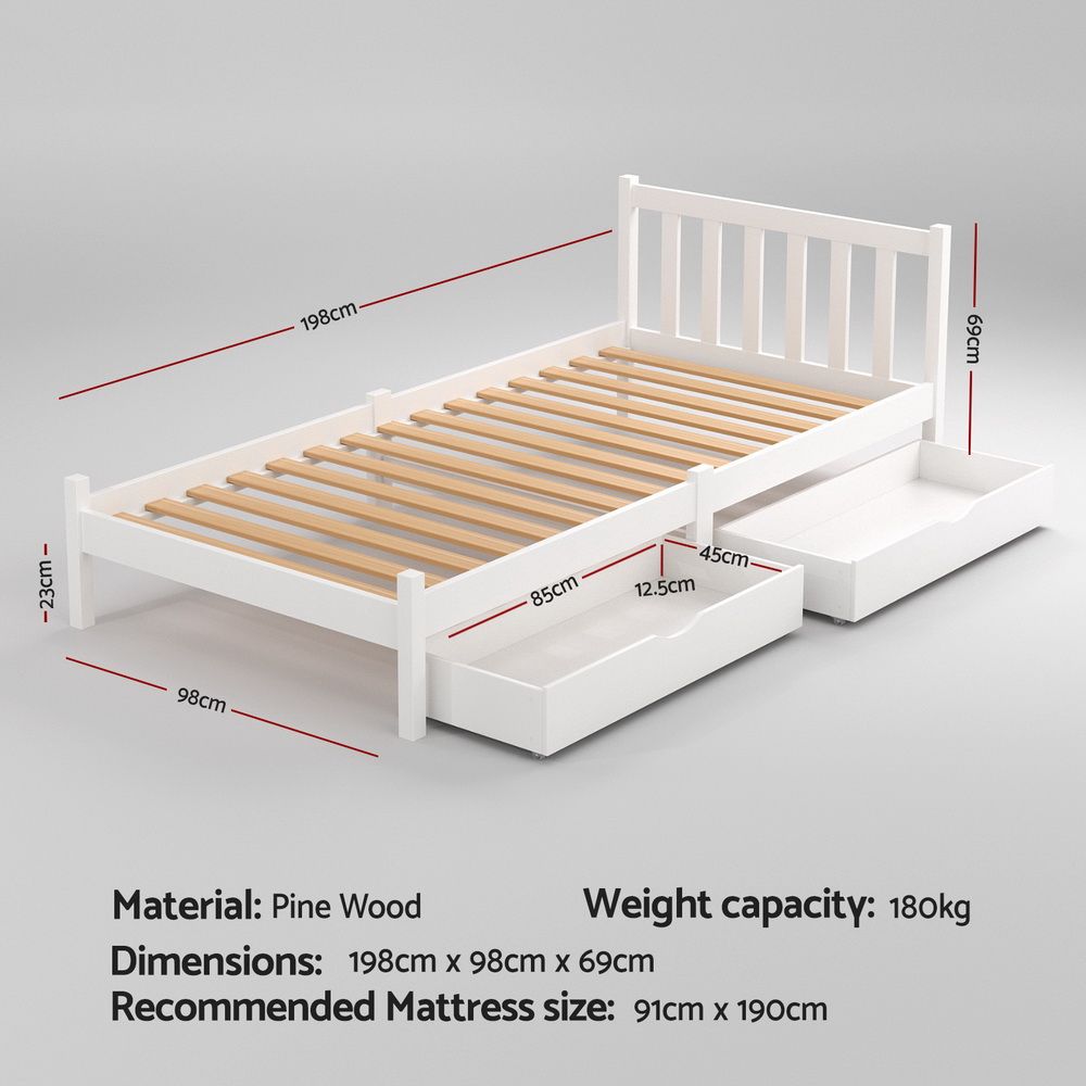 Artiss Bed Frame Single Size Wooden Platform with 2 Storage Drawers White SOFIE WBED-G-001S-WH-DRAW