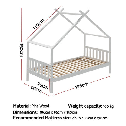 Artiss Bed Frame Wooden Base Kids Single Timber House Beds White WBED-G-CABIN-S-WH-AB