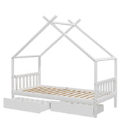 Artiss Bed Frame Wooden Base Kids Single Timber House with 2 Storage Drawers Beds White WBED-G-CABIN-S-WH-DRAW
