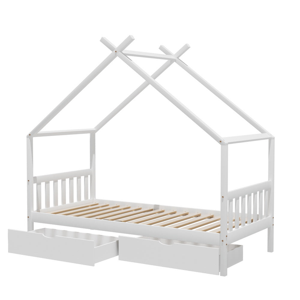 Artiss Bed Frame Wooden Base Kids Single Timber House with 2 Storage Drawers Beds White WBED-G-CABIN-S-WH-DRAW