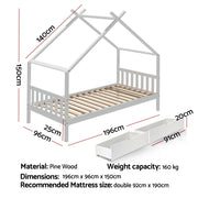Artiss Bed Frame Wooden Base Kids Single Timber House with 2 Storage Drawers Beds White WBED-G-CABIN-S-WH-DRAW