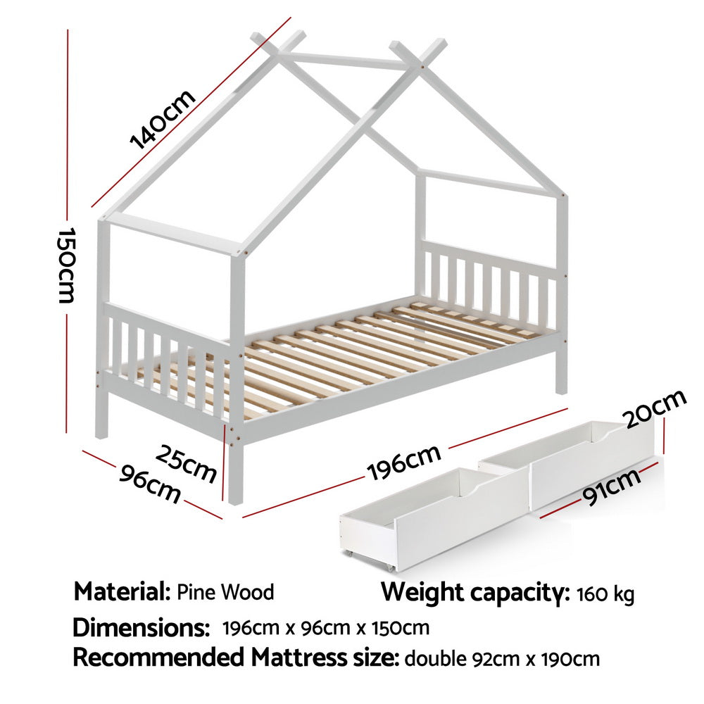 Artiss Bed Frame Wooden Base Kids Single Timber House with 2 Storage Drawers Beds White WBED-G-CABIN-S-WH-DRAW