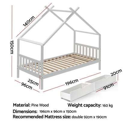 Artiss Bed Frame Wooden Base Kids Single Timber House with 2 Storage Drawers Beds White WBED-G-CABIN-S-WH-DRAW