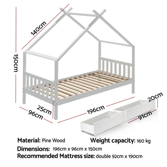 Artiss Bed Frame Wooden Base Kids Single Timber House with 2 Storage Drawers Beds White WBED-G-CABIN-S-WH-DRAW