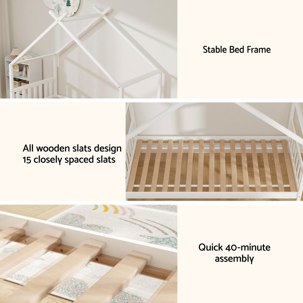 Artiss Bed Frame Wooden Base Kids Single Timber House with 2 Storage Drawers Beds White WBED-G-CABIN-S-WH-DRAW