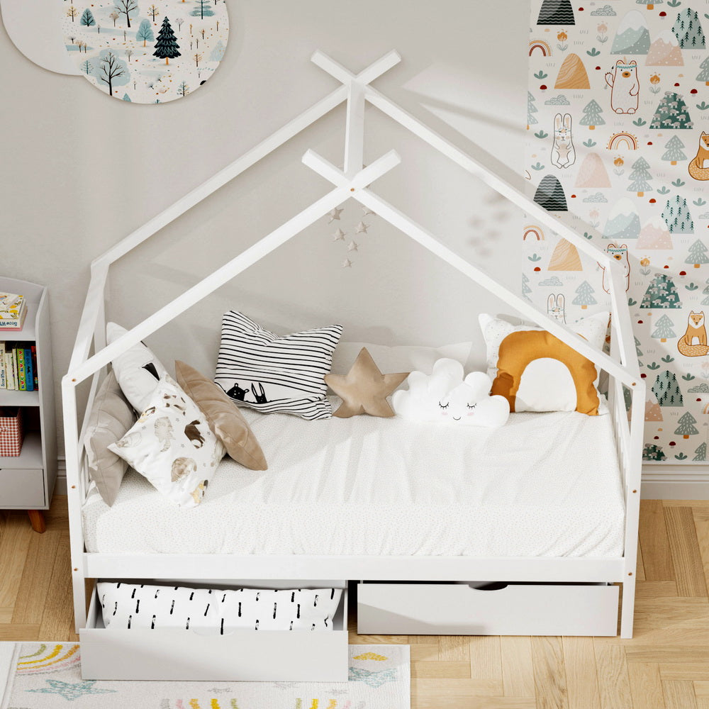 Artiss Bed Frame Wooden Base Kids Single Timber House with 2 Storage Drawers Beds White WBED-G-CABIN-S-WH-DRAW