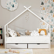 Artiss Bed Frame Wooden Base Kids Single Timber House with 2 Storage Drawers Beds White WBED-G-CABIN-S-WH-DRAW