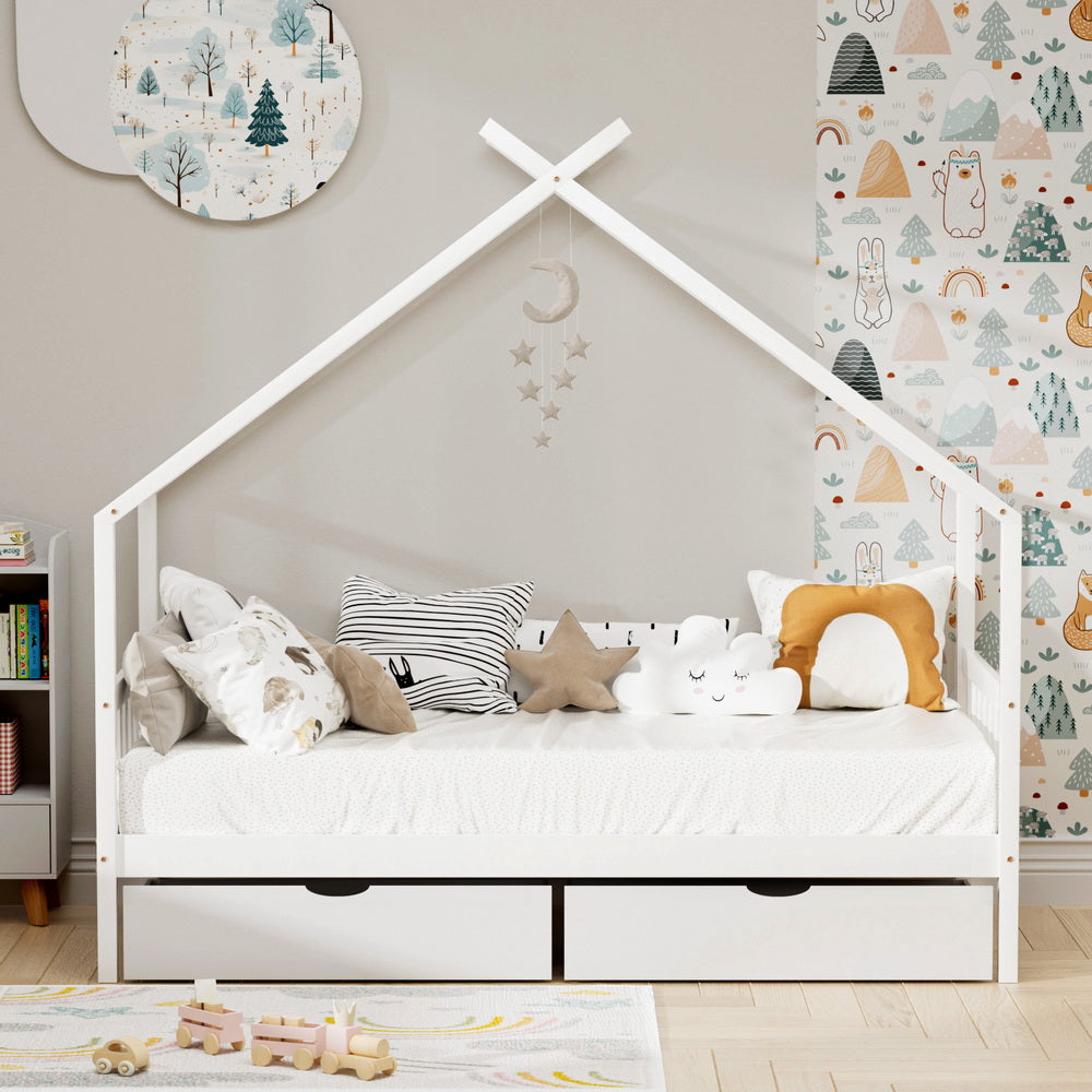 Artiss Bed Frame Wooden Base Kids Single Timber House with 2 Storage Drawers Beds White WBED-G-CABIN-S-WH-DRAW