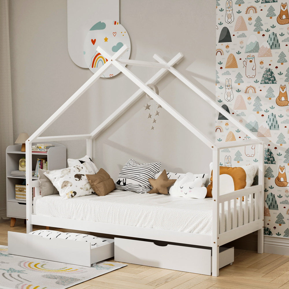 Artiss Bed Frame Wooden Base Kids Single Timber House with 2 Storage Drawers Beds White WBED-G-CABIN-S-WH-DRAW