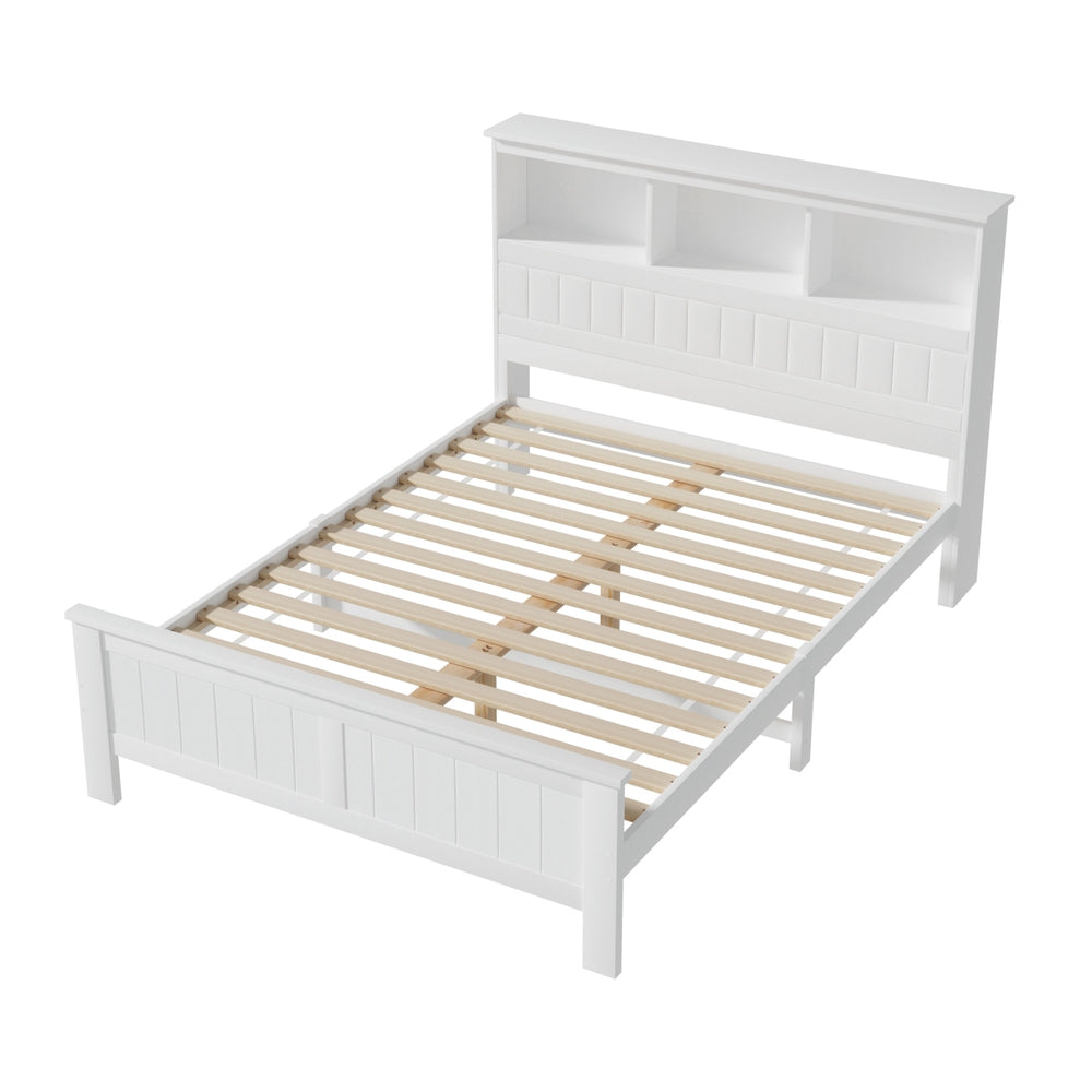 Artiss Bed Frame Double Size Wooden with 3 Shelves Bed Head White WBED-G-S1-D-ABC