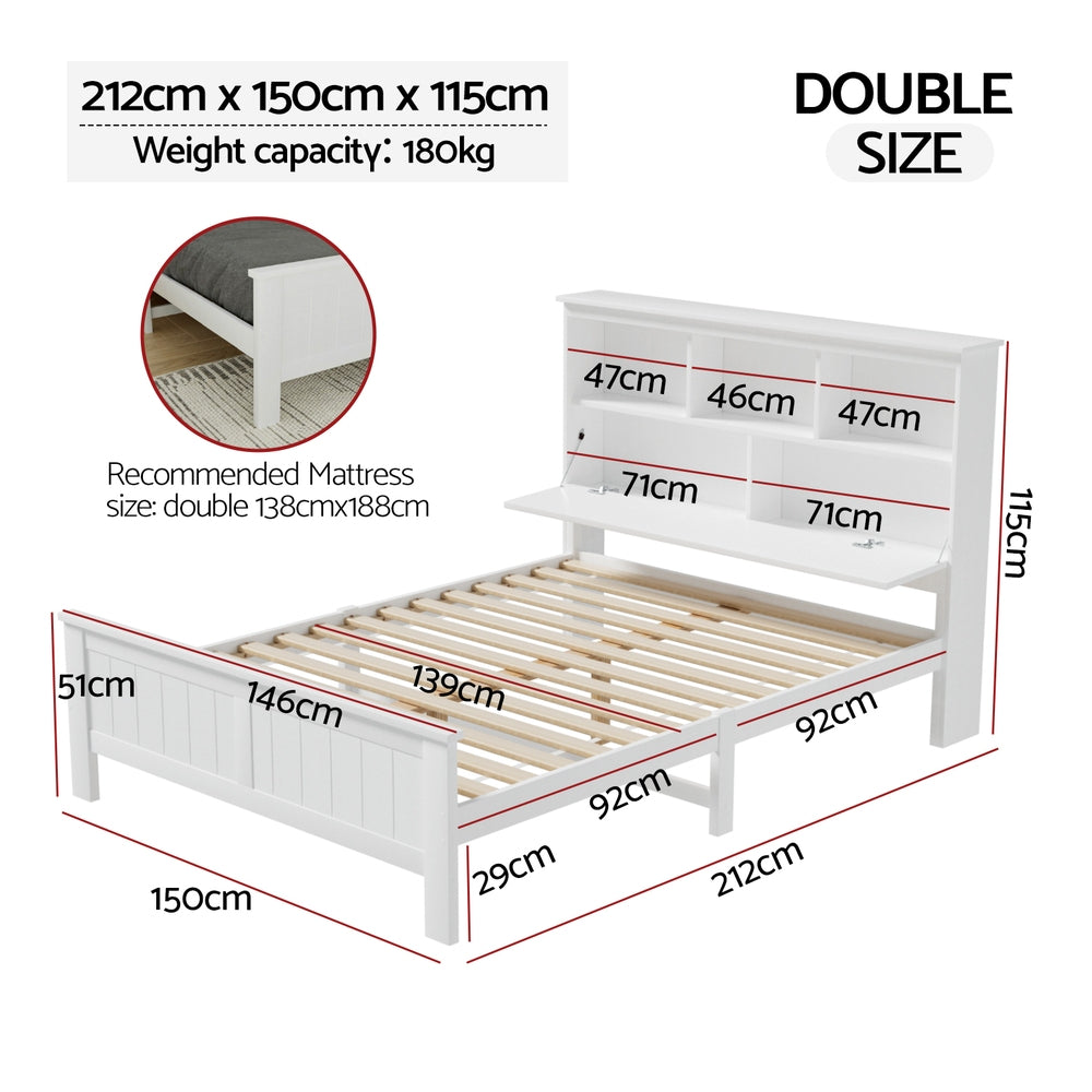 Artiss Bed Frame Double Size Wooden with 3 Shelves Bed Head White WBED-G-S1-D-ABC