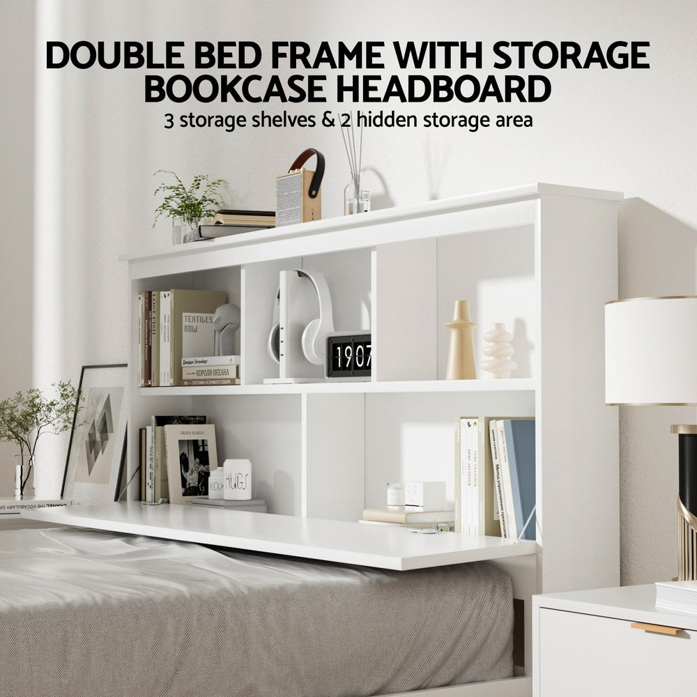 Artiss Bed Frame Double Size Wooden with 3 Shelves Bed Head White WBED-G-S1-D-ABC