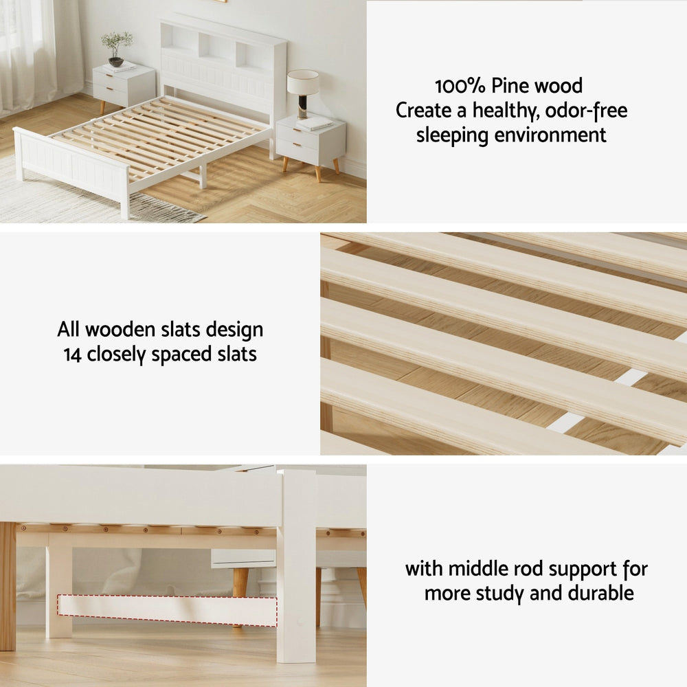 Artiss Bed Frame Double Size Wooden with 3 Shelves Bed Head White WBED-G-S1-D-ABC