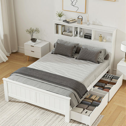 Artiss Bed Frame Double Size Wooden with 3 Shelves Bed Head White WBED-G-S1-D-DRAW