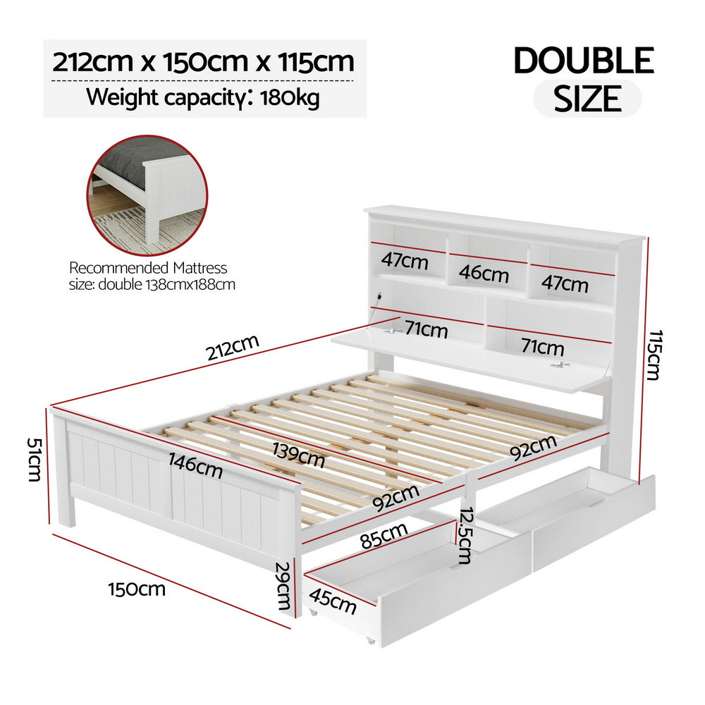 Artiss Bed Frame Double Size Wooden with 3 Shelves Bed Head White WBED-G-S1-D-DRAW
