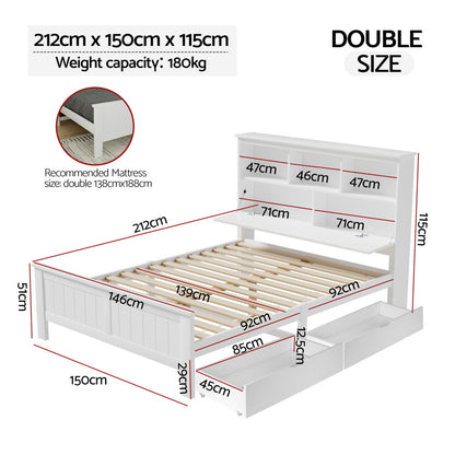 Artiss Bed Frame Double Size Wooden with 3 Shelves Bed Head White WBED-G-S1-D-DRAW