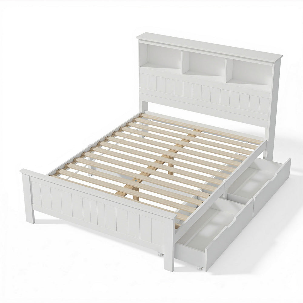 Artiss Bed Frame Double Size Wooden with 3 Shelves Bed Head White WBED-G-S1-D-DRAW