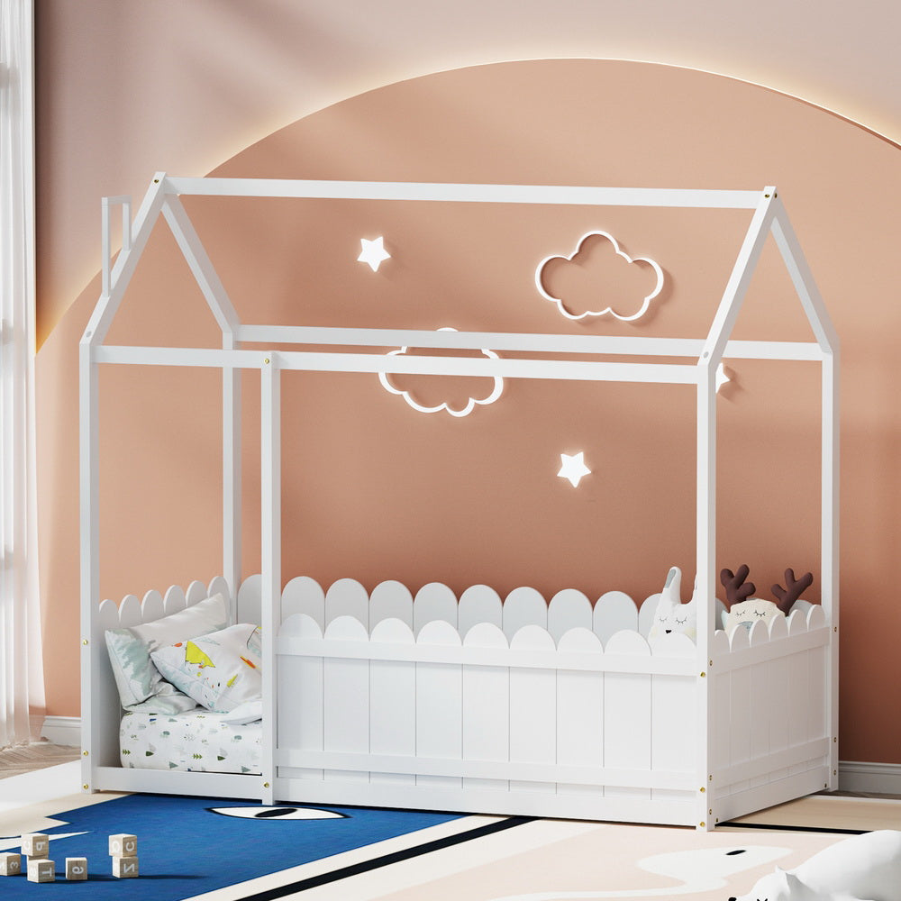 Artiss Bed Frame Wooden Kids House Single Frame White KORI WBED-KORI-S-WH-AB