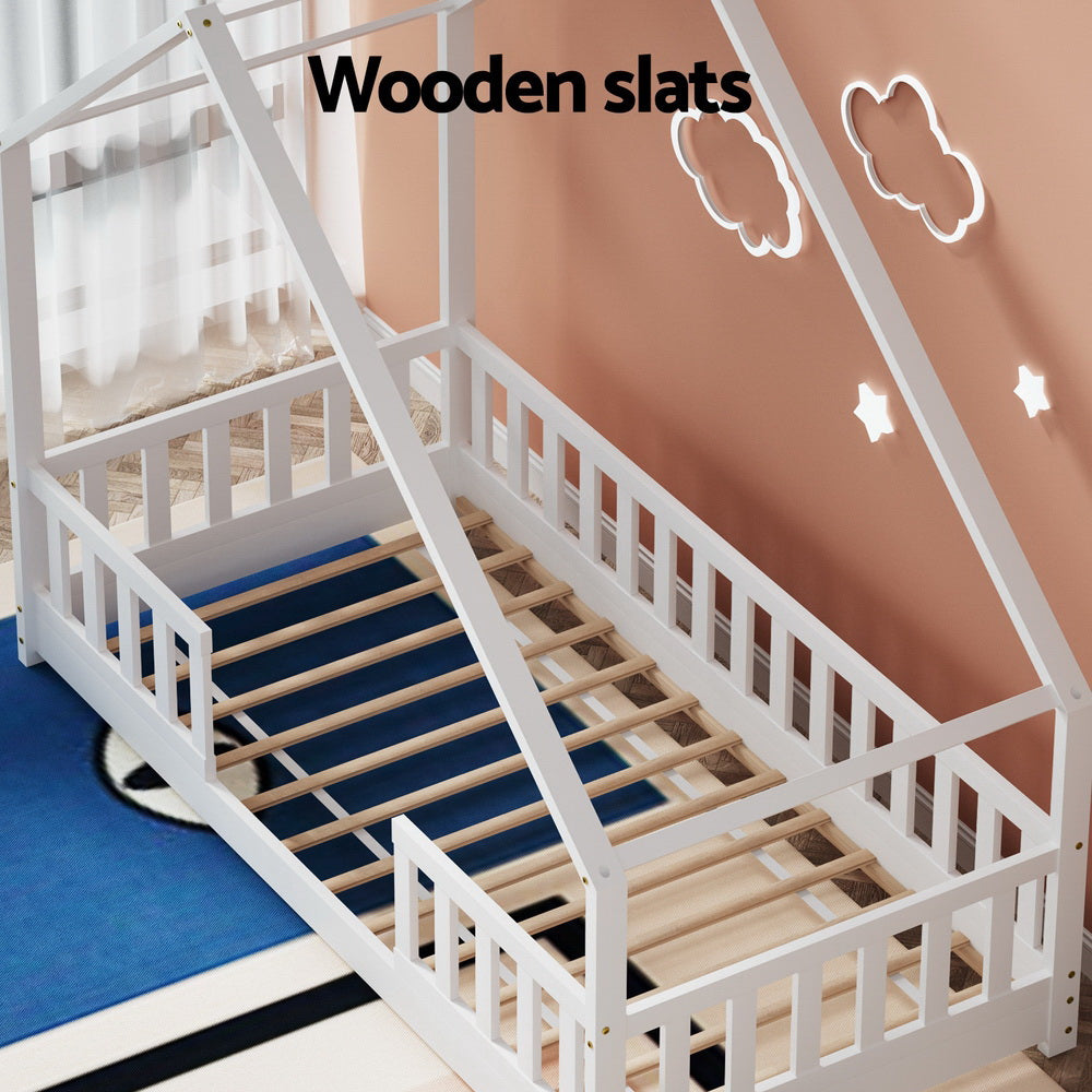 Artiss Bed Frame Wooden Kids House Single Frame White PAVO WBED-PAVO-S-WH-AB