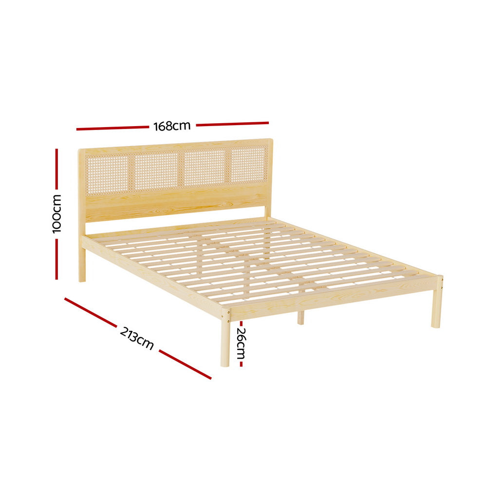 Artiss RITA Pine Rattan Queen Bed Frame WBED-RITA-Q-WD-AB