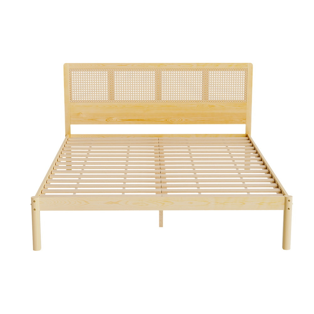 Artiss RITA Pine Rattan Queen Bed Frame WBED-RITA-Q-WD-AB