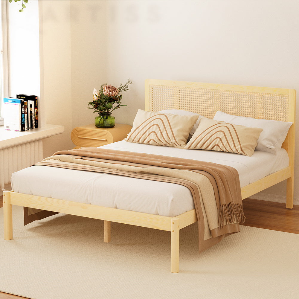 Artiss RITA Pine Rattan Queen Bed Frame WBED-RITA-Q-WD-AB