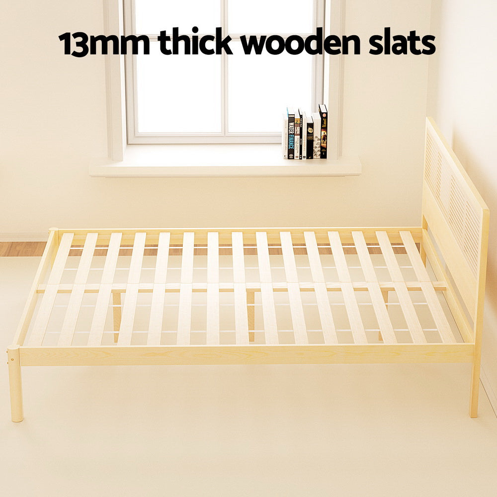 Artiss RITA Pine Rattan Queen Bed Frame WBED-RITA-Q-WD-AB