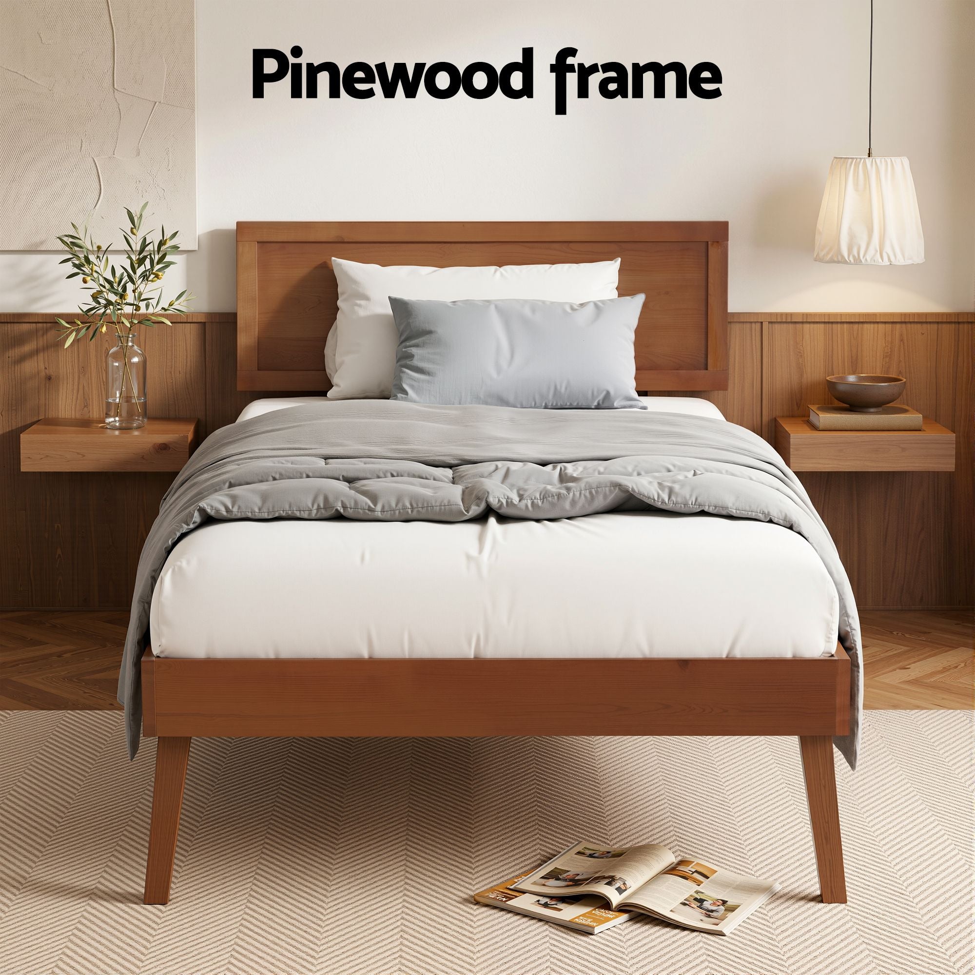 Artiss Bed Frame Single Size Wooden Bed Base Walnut SPLAY WBED-SPLAY-S-WAL