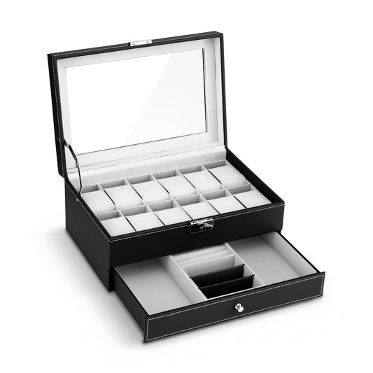 Embellir 12 Grids Watch Box Organizer Case Jewelry Display Storage Showcase WBX-2T-12SL-3020-BK