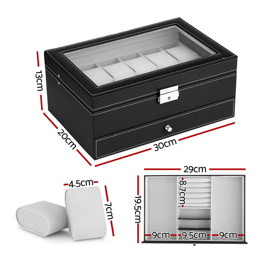 Embellir 12 Grids Watch Box Organizer Case Jewelry Display Storage Showcase WBX-2T-12SL-3020-BK