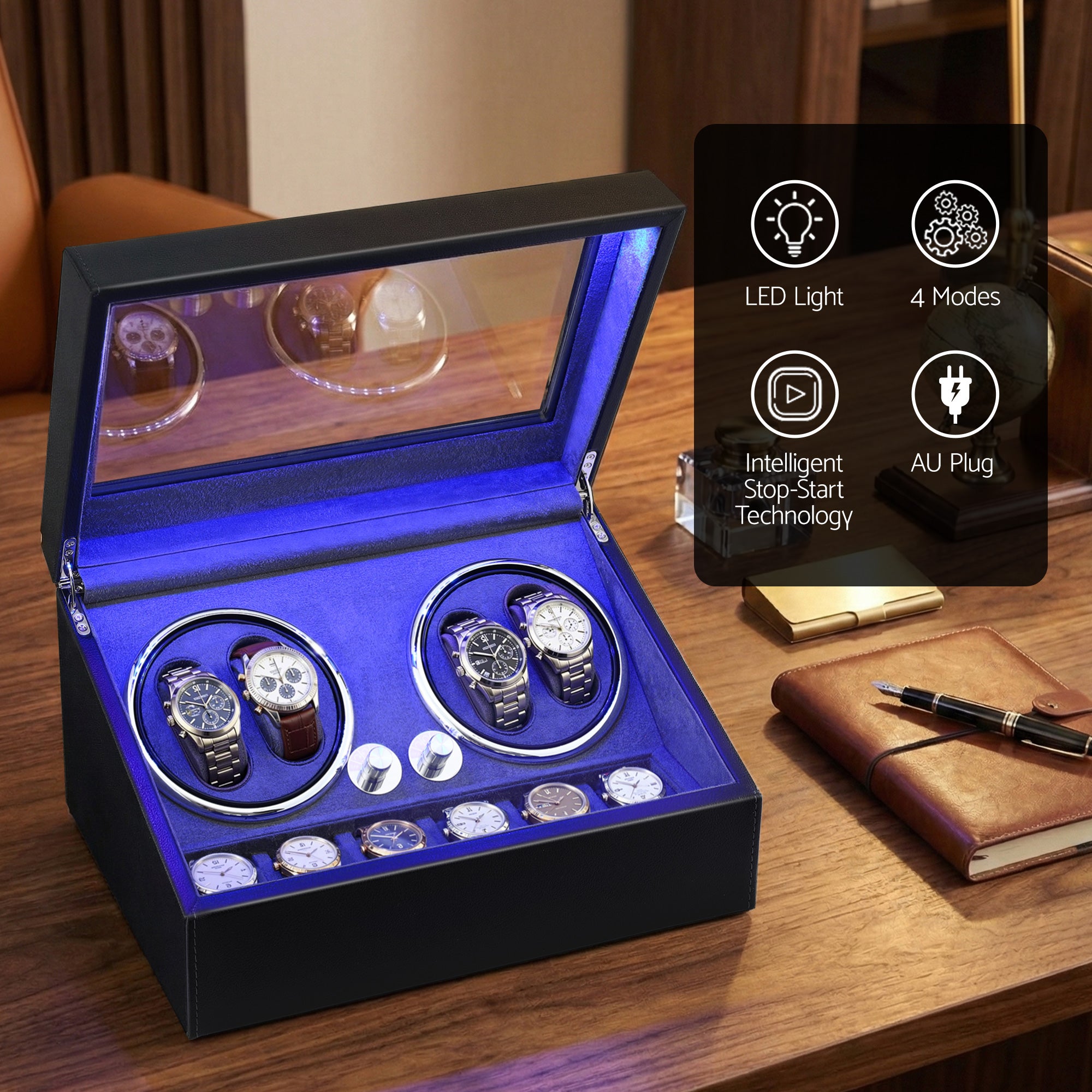 Embellir Watch Winder Automatic Double Watch Winder Box LED Black WBX-WIN-4WD-6SL-BK