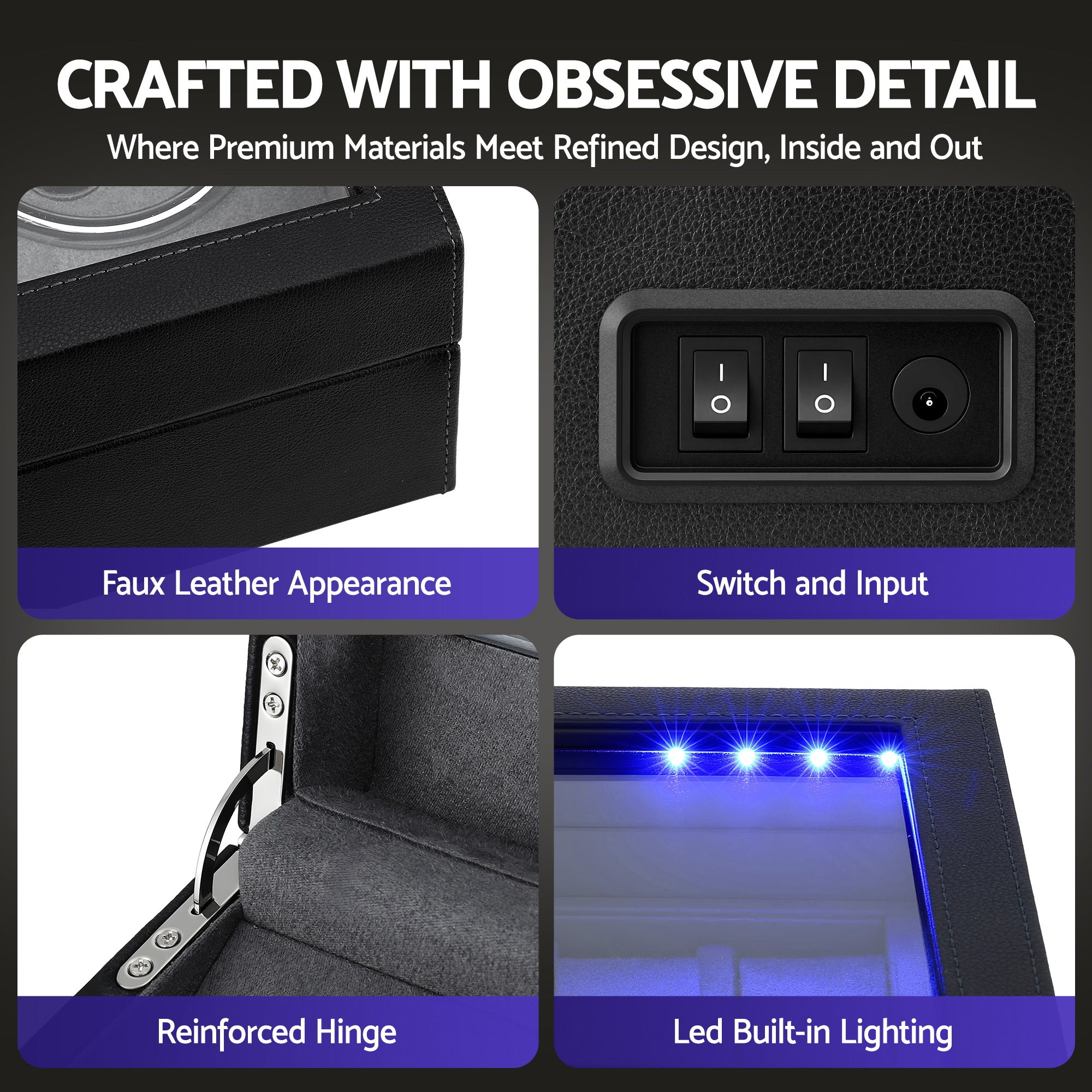 Embellir Watch Winder Automatic Double Watch Winder Box LED Black WBX-WIN-4WD-6SL-BK