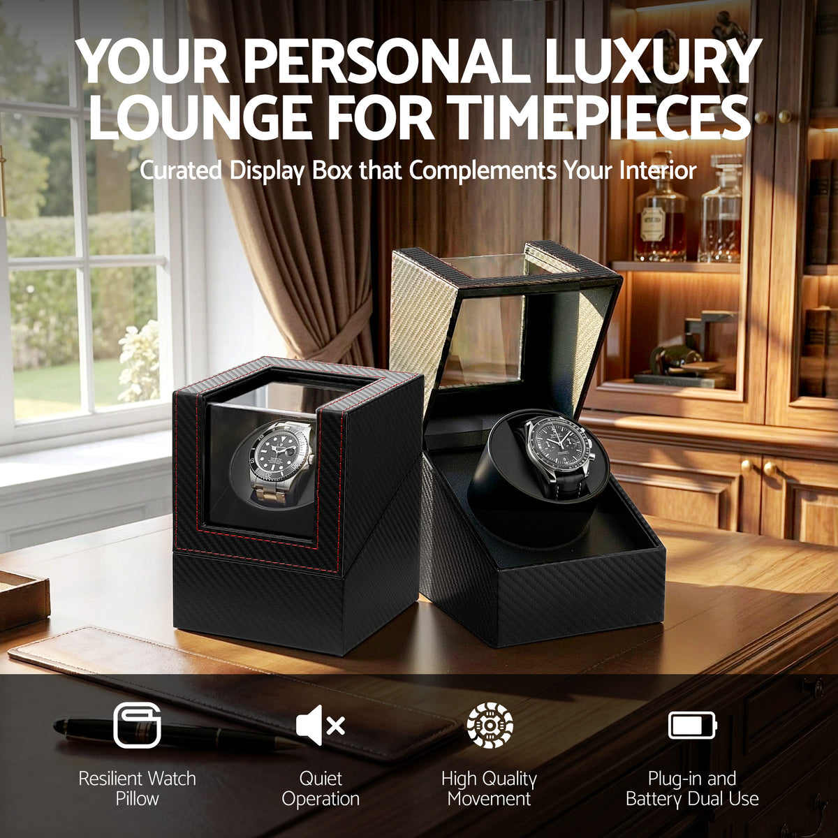 Embellir Watch Winder Box Automatic Single Quiet Carbon Fibre Black WBX-WIN-SINGLE-BK