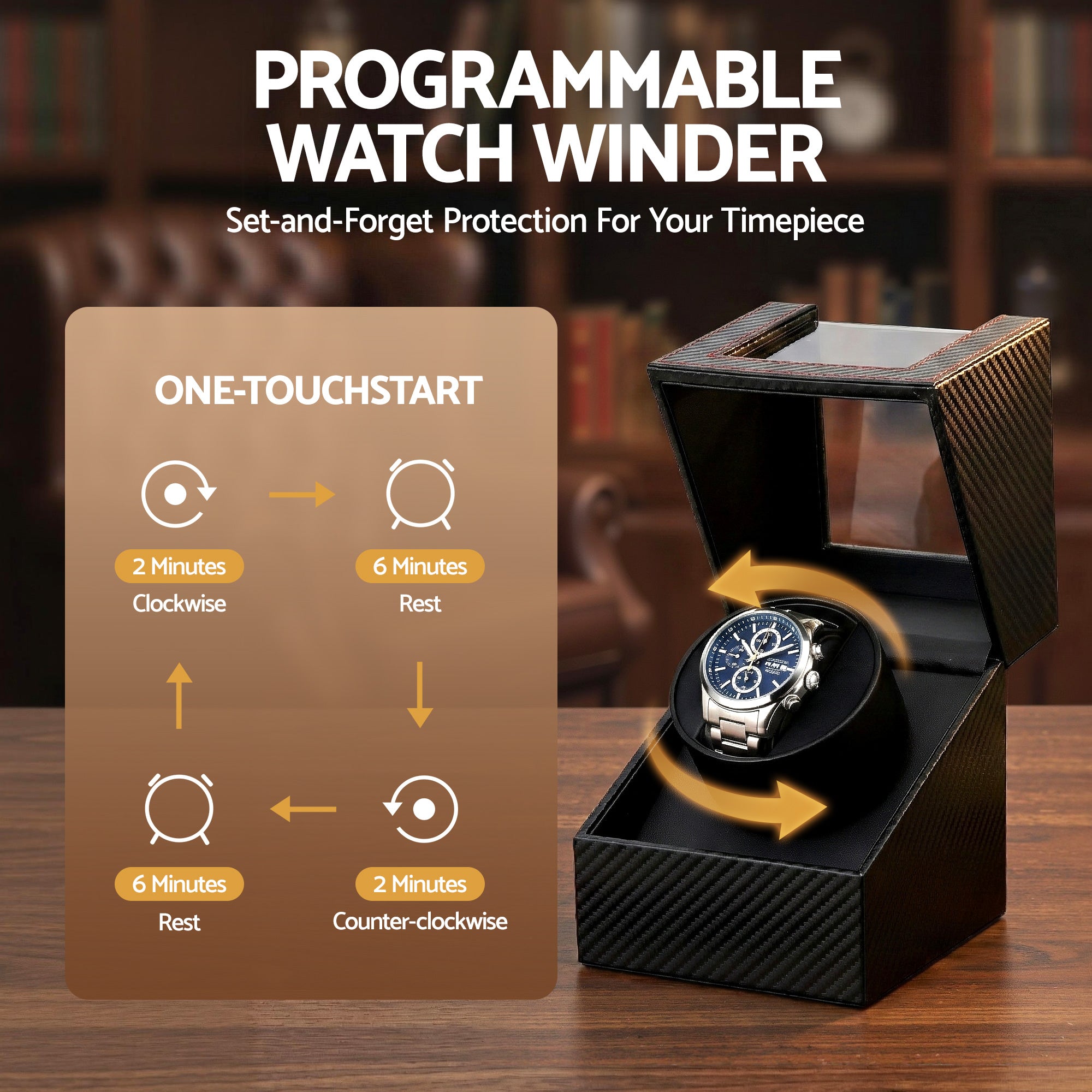 Embellir Watch Winder Box Automatic Single Quiet Carbon Fibre Black WBX-WIN-SINGLE-BK